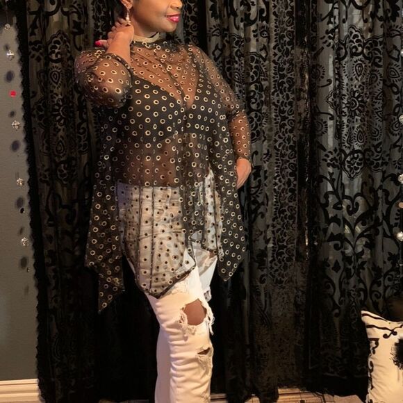 Black‎ Gold Long  Sheer Tunic Top - Picture 3 of 14